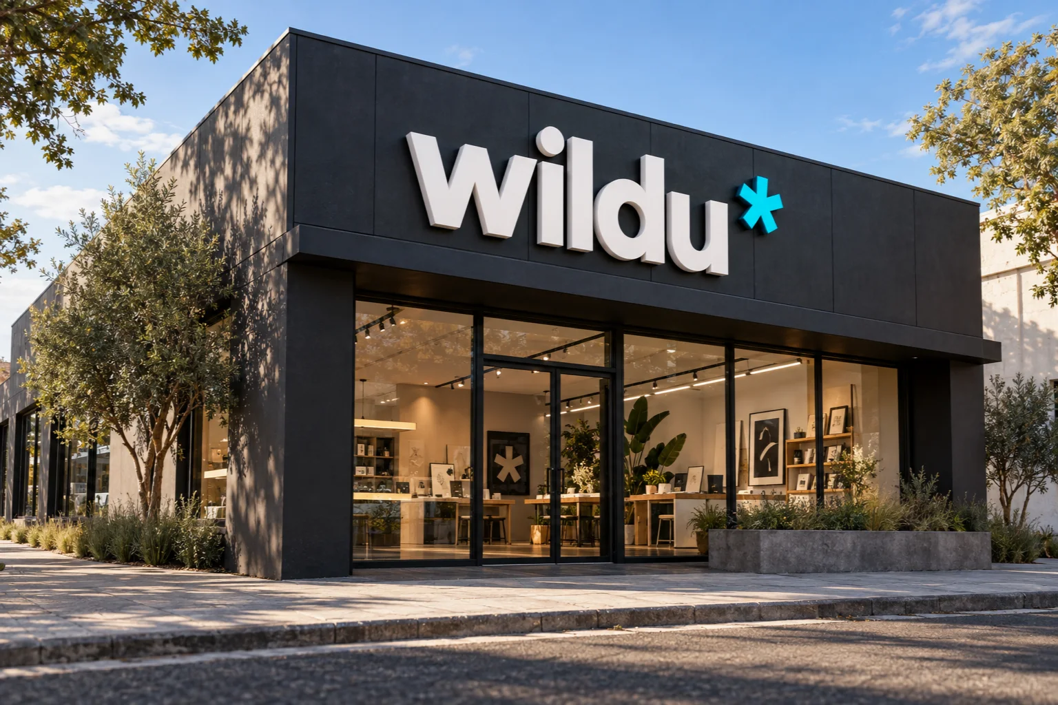 Propuesta visual de fachada con rótulo Wildu y letras corpóreas